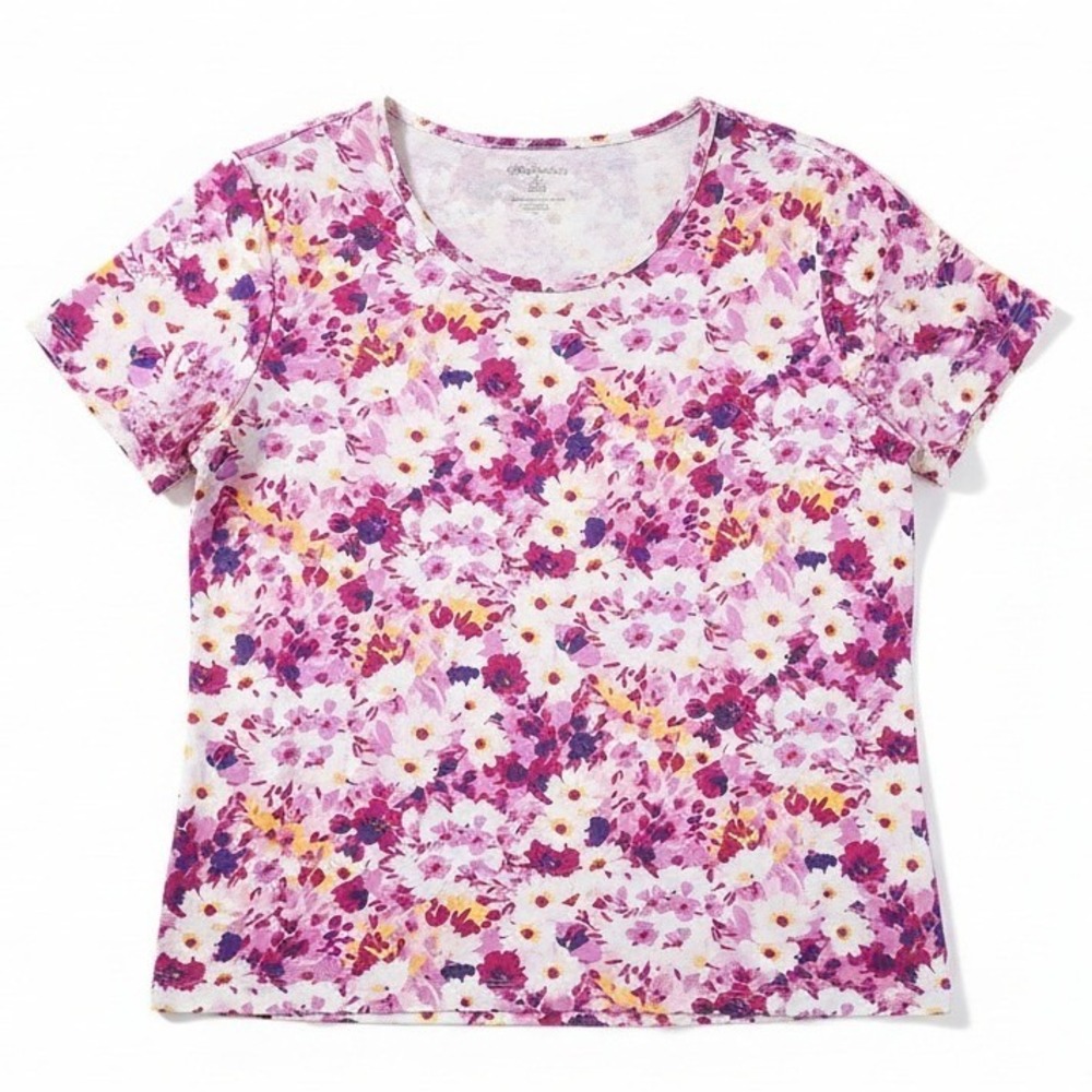 White Stag Womens Pink Purple Floral Cotton Short Sleeve T-Shirt Large 12-14